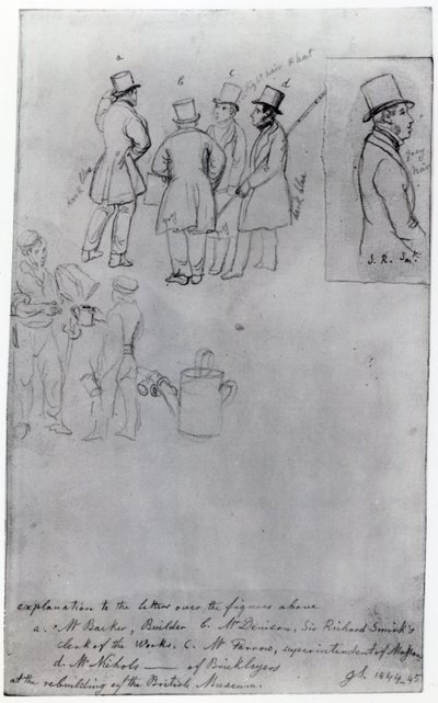 Byggare och lantmätare vid återuppbyggnaden av British Museum, 1844 (penna på papper) av George Snr Scharf