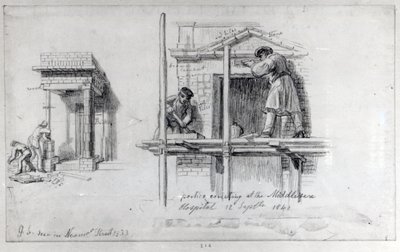 Uppförande av portiker vid Newham Street och Middlesex Hospital, London, 1833 och 1840 av George Snr Scharf