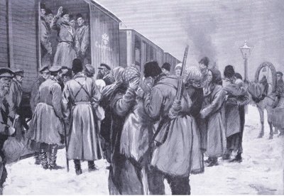 Ryska truppers avresa till Fjärran Östern, illustration från Cassells History of the Russian-Japanese War Vol 1, c.1900 av George Soper