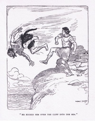 Han sparkade honom över klippan i havet, från The Heroes publicerad av George Allen och Unwin 1929 (färg litho) av George Soper