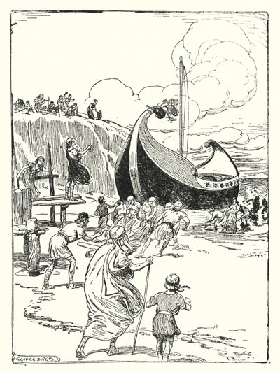 Jason och Argonauterna: "Det goda skeppet Argo hoppade upp ur sanden på rullarna och störtade vidare som en galant häst" (litho) av George Soper