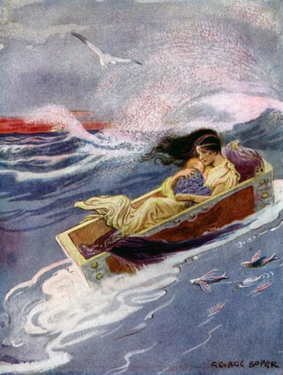 Perseus: "Och bort och ut till havet flöt modern och hennes bebis" (färg litho) av George Soper