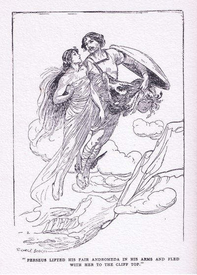 Perseus lyfte sin vackra Andromeda i sina armar och flydde med henne till klipptopparna, från hjältarna publicerade av George Allen och Unwin 1929 av George Soper