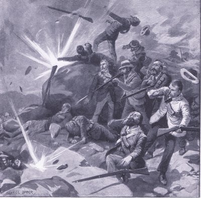 Johannesburgpolisens sista läktare i Bergendal, illustration från After Pretoria: The Guerilla War, 1902 av George Soper
