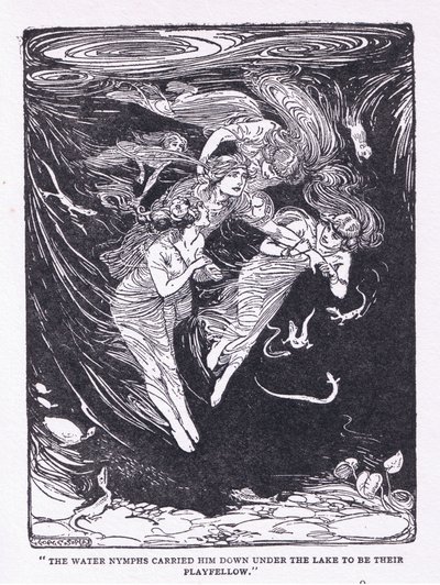 Vattennymferna bar honom nerför sjön till sin lekkamrat, från The Heroes publicerad av George Allen och Unwin 1929 (litho) av George Soper