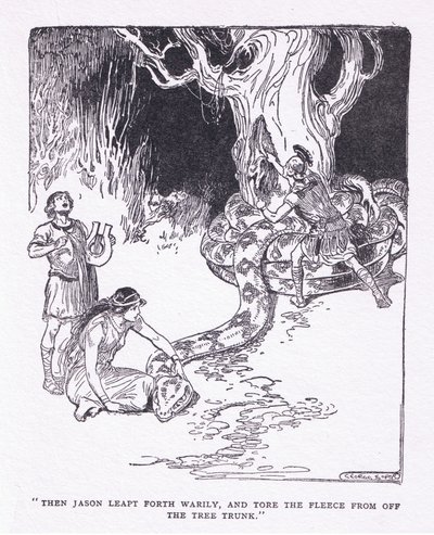 Sedan hoppade Jason trött fram och slet av fleece från trädstammen, från The Heroes publicerad av George Allen och Unwin 1929 (litho) av George Soper