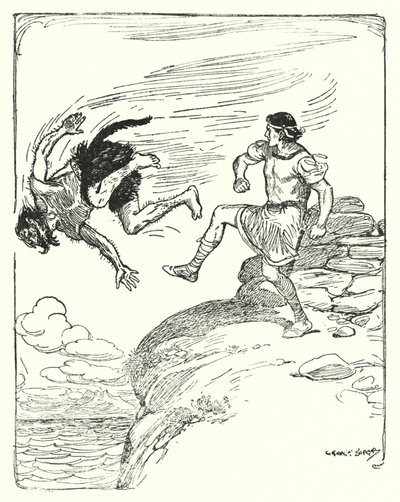 Theseus: "Han sparkade honom över klippan i havet" (litho) av George Soper
