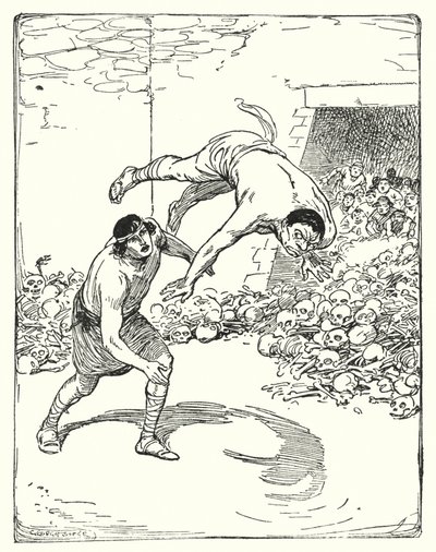 Theseus: "Theseus kastade honom rakt över hans axel på marken" (litho) av George Soper