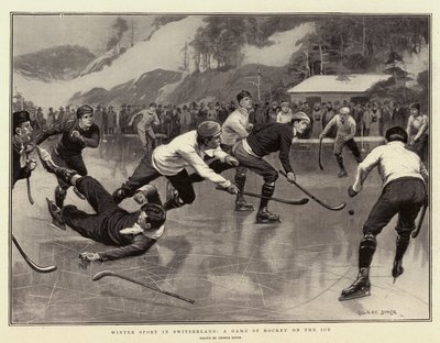 Vintersport i Schweiz, ett spel med hockey på isen av George Soper