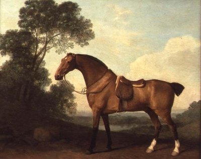 En sadlad Bay Hunter i ett landskap med en sjö bortom av George Stubbs