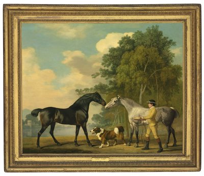 Två jägare med en ung brudgum och en hund vid en sjö, 1778 av George Stubbs
