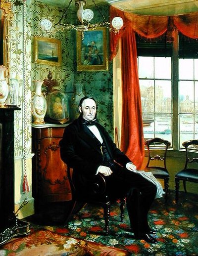 Porträtt av Henry Thomas Lambert sittande i sitt arbetsrum med utsikt över Themsen bortom (olja på duk) av George Townsend Cole
