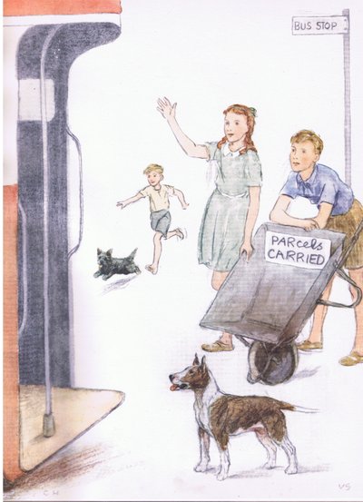 När bussen kom stod David med skottkärran lutad så att skylten syntes, från Pets Limited utgiven av Collins av George Vernon Stokes