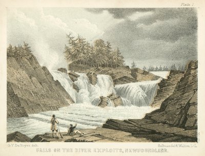 Vattenfall vid floden Exploits, Newfoundland (gravyr i färg) av George Victor Du Noyer