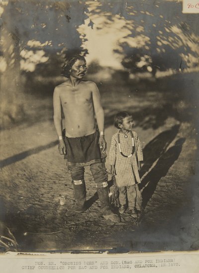 Hon. Herr växande Horn och son. (Sac and Fox Indian) Chefsrådgivare för Sac and Fox Indian, Oklahoma, 1873 (foto) av George W. Ingalls