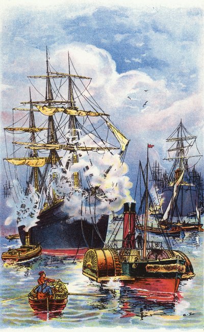 En köpman som bogseras uppför Themsen (färg litho) av George Washington Lambert
