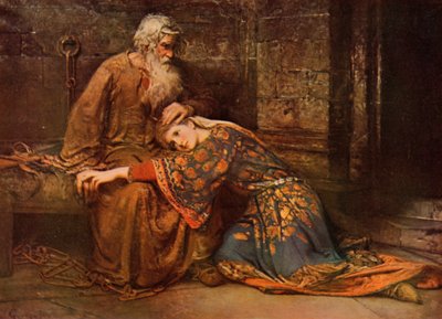 Shakespeare: Cordelia tröstar King Lear i fängelset, King Lear, akt V, scen 3 (litho i färg) av George William (after) Joy