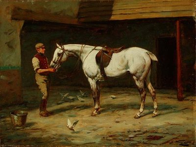 Brudgummen i stallgården (olja på duk) av George Wright