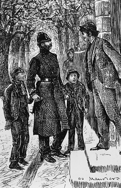 En polis i London presenterar två gatuaraber för mannen framför vars tröskel de har gjort en rutschkana på isen av George du Maurier