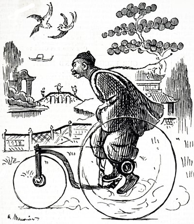 En tecknad serie som föreställer en kines som åker trehjuling genom en park i Kina. Illustrerad George du Maurier (1834-1896), en fransk-brittisk serietecknare och författare av George du Maurier