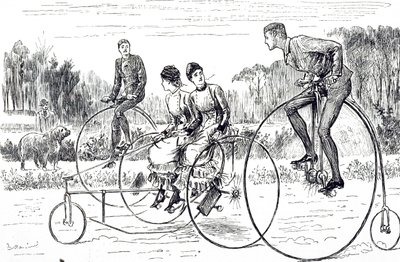 En tecknad serie som föreställer en grupp ungdomar som åker trehjuling. Illustrerad George du Maurier (1834-1896), en fransk-brittisk serietecknare och författare av George du Maurier