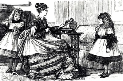 En tecknad film som föreställer en ung mamma som använder en symaskin. Illustrerad av George du Maurier (1834-1896), en fransk-brittisk serietecknare och författare av George du Maurier