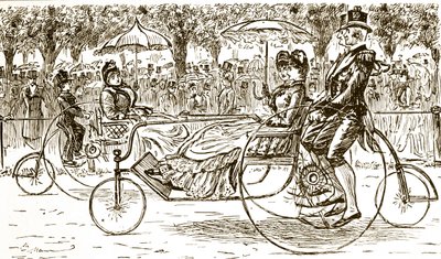 En gravyr som föreställer passagerare som åker i cykelvagnar. Illustrerad av George du Maurier (1834-1896), en fransk-brittisk serietecknare och författare av George du Maurier