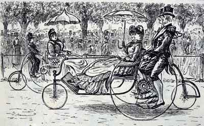 En gravyr som föreställer passagerare som åker i cykelvagnar. Illustrerad av George du Maurier (1834-1896), en fransk-brittisk serietecknare och författare av George du Maurier