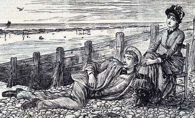 Tecknad film föreställande ett par som njuter av sin smekmånad på en klapperstensstrand av George du Maurier