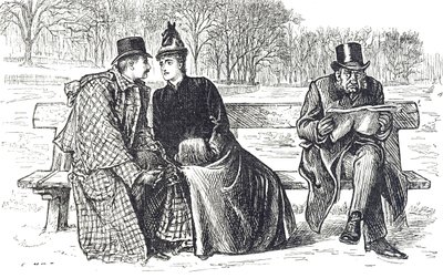 Tecknad serie som visar ett par som byter älsklingar på parkbänken, medan mannen bredvid dem tittar på med ogillande av George du Maurier