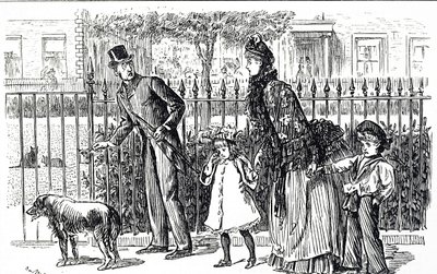Tecknad film föreställande en familj som går på gatorna i det viktorianska London av George du Maurier