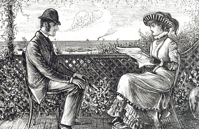 Tecknad serie som föreställer en man och hustru - mannen är ansvarig för sin frus skulder om han inte publicerat ett återkallande av sitt ansvar av George du Maurier