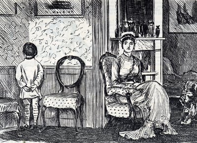 Tecknad film som visar en mamma som straffar sin son genom att få honom att stå vänd mot väggen av George du Maurier