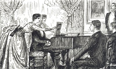 Tecknad film föreställande en musikalisk kväll hemma av George du Maurier