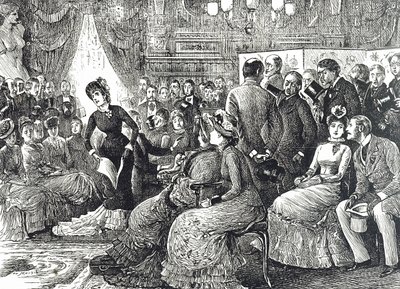 Tecknad film föreställande en typisk salongskonsert av George du Maurier