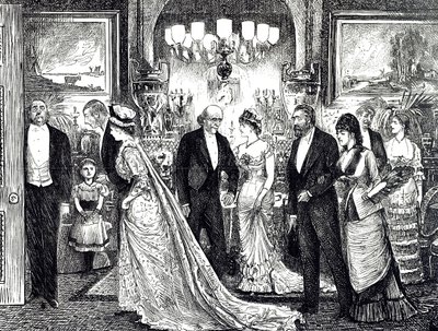 Tecknad film föreställande en elegant soirée i ett viktorianskt hem av George du Maurier