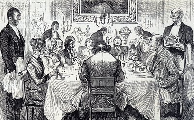 Tecknad film föreställande en elegant soirée i ett viktorianskt hem av George du Maurier