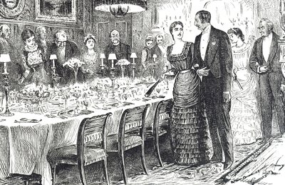 Tecknad film med titeln "Going into Dinner" föreställande ett ungt par som går in i en matsal av George du Maurier