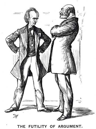 Tecknad film med titeln "The Phrenology Argument - Again" med texten "The Futility of Argument" av George du Maurier