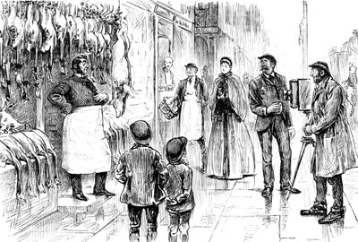 Gravyr som föreställer en slaktare och poulterer som fotograferas framför sin julutställning av George du Maurier. George du Maurier (1834-1896), en fransk-brittisk serietecknare och författare. Daterat 1800-talet ©UIG/Leemage av George du Maurier