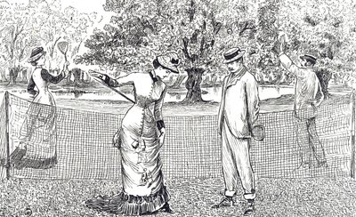 Gravyr som föreställer en kvinnlig tennisspelare i obehag på grund av hennes nya gummiskor av George du Maurier