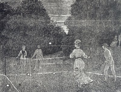 Gravyr som visar användningen av vit fosforfärg som rekommenderas för tennisspelare av George du Maurier