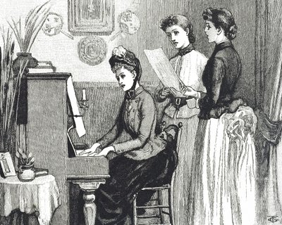 Gravyr föreställande unga damer som sjunger i salongen av George du Maurier