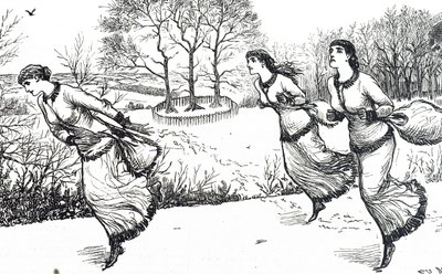 Illustration som visar flickor som sätter spåren för haren och hundarna av George du Maurier