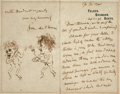 Brev med teckning av Whistler som hotar Du Maurier av George du Maurier