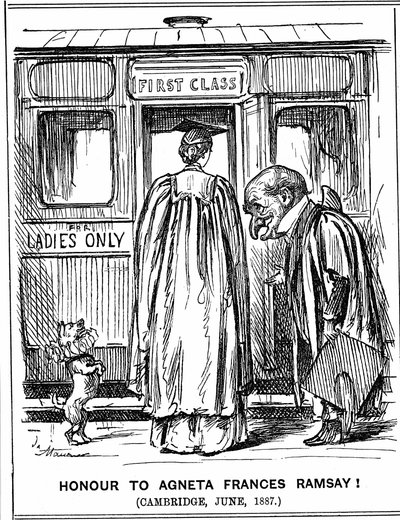 Herr Punch böjer sig för Agneta Frances Ramsay som satt och klarade med First Class Honours, papperet som fastställdes, men som inte kunde ta emot en examen eftersom Cambridge inte gav dem till kvinnor vid den här tiden. George du Maurier tecknad från Punc av George du Maurier