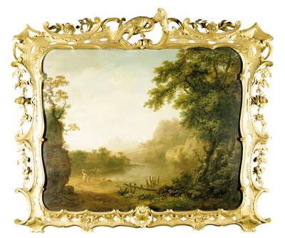 Ett italienskt trädbevuxet flodlandskap med figurer i förgrunden och en by bortom, 1755 av George the Elder Barret