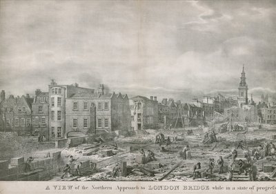 En vy av den norra inflygningen till London Bridge medan den är i framsteg av George the Elder Scharf
