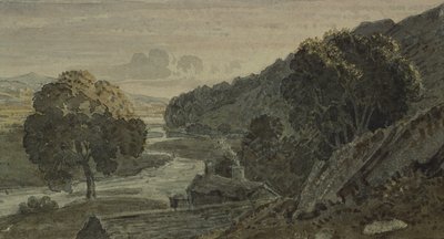 Kväll, landskap, med stuga och flod av George the Younger Barret