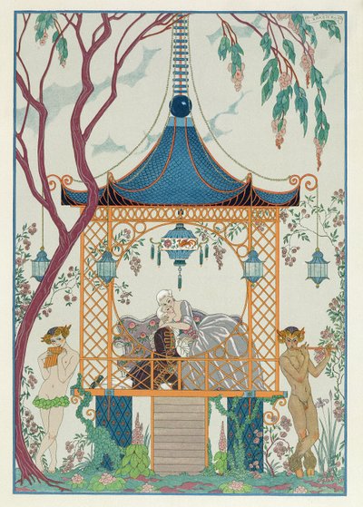 Illustration för "Fetes Galantes" av Paul Verlaine (1844-96) publicerad 1928 (stenciltryck) av Georges (after) Barbier